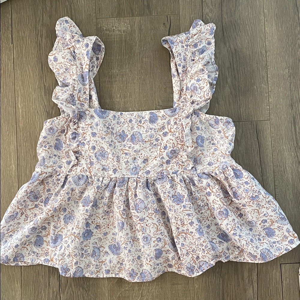 Billabong Blue White Floral Ruffle Tank Top Blouse Square Neckline Size Medium